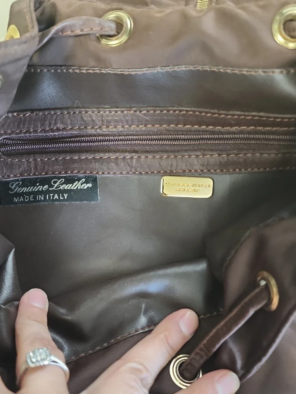 Saks Fifth Avenue Brown Nylon & Leather Drawstring Backpack